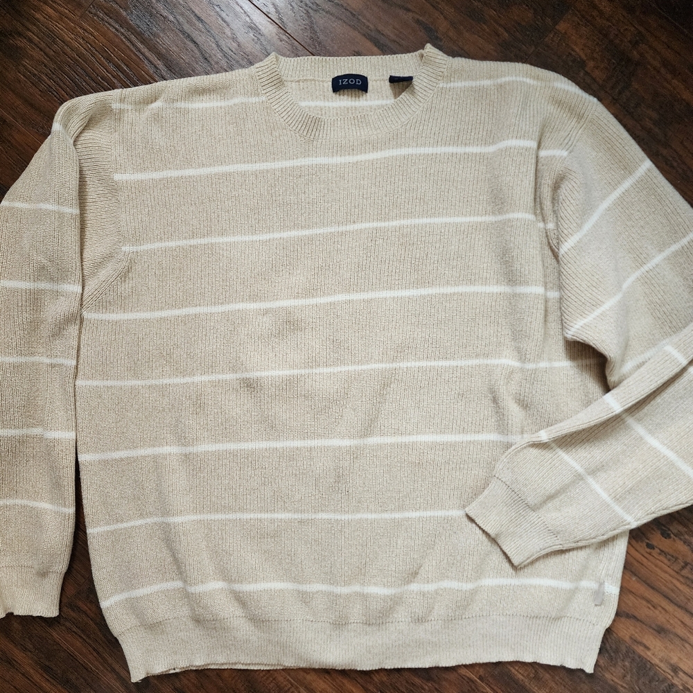 Izod Cotton Cream Striped Crewneck Sweater